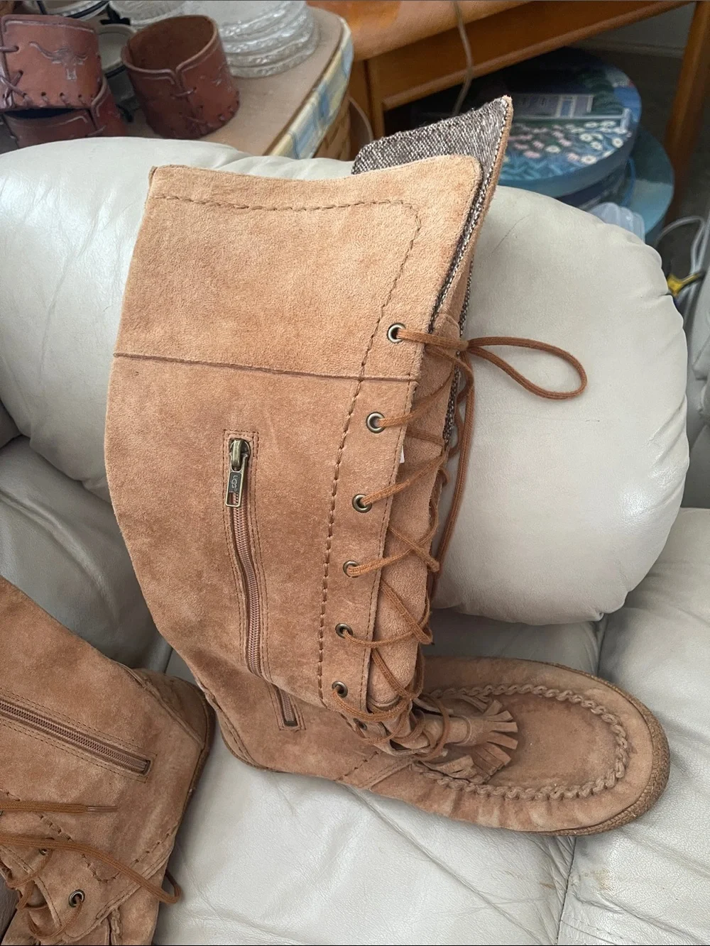UGG Somaya Chestnut Suede Tall Moccasin Fringe Boots Size 10